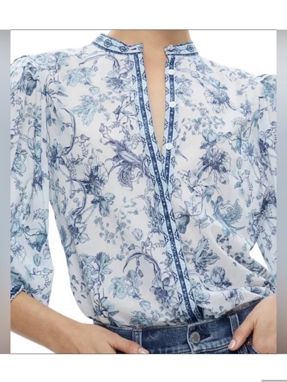 Alice + Olivia White and Blue Floral Split-Neck Blouse